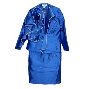 EY Boutique Sense of Style Suit Womens 10 Royal Blue Ruffle Jacket Skirt Set